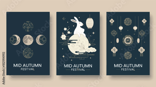 Mid Autumn Festival Posters with Moon Phases and Rabbit