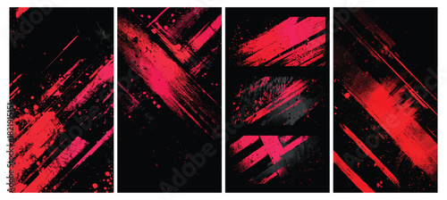 Grunge background with black backdrop and abstract red brushstrokes and splatter