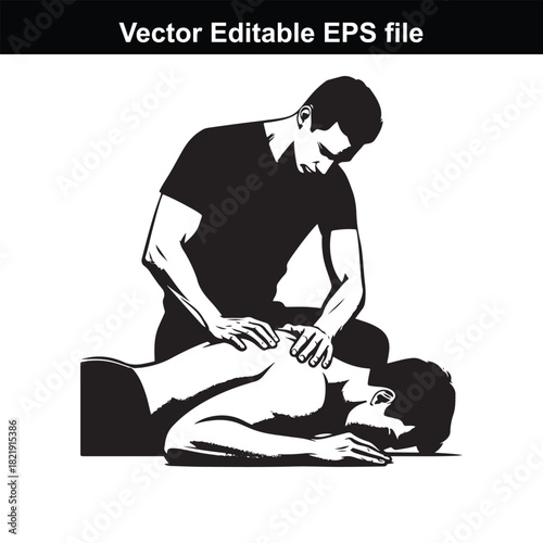 Chiropractor performing back adjustment on patient lying face down on a massage table, isolated on white background