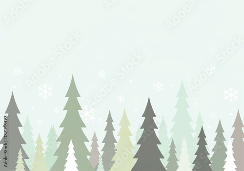 A minimalist illustration of a winter forest with stylized evergreen trees and falling snowflakes against a light background.