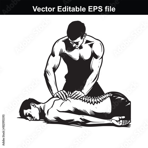 Illustration of a chiropractor performing spinal adjustment on a patient lying on a table, isolated on white background