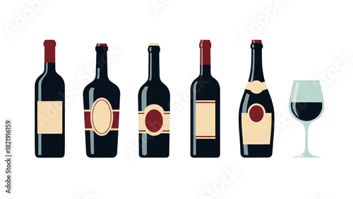 Set of wine bottles and glass vector icon collection. Flat style red wine bottle assortment with wineglass isolated on white background.