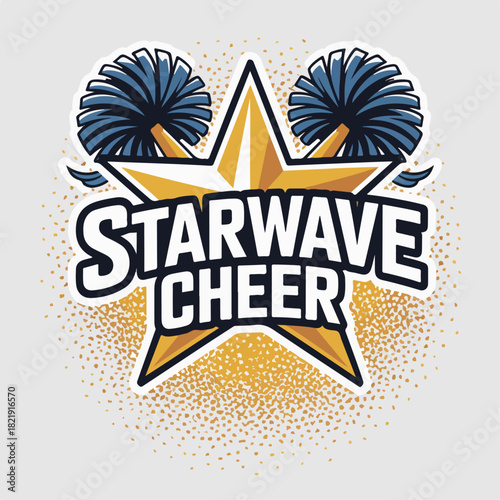 Starwave Cheer logo with golden star, blue pom poms and glitter burst, spirited cheerleading team emblem, energetic pep rally vector for school sports branding
