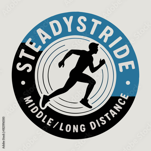 SteadyStride middle and long distance running badge with athlete silhouette, circular track logo, endurance athletics emblem for race, marathon and club branding