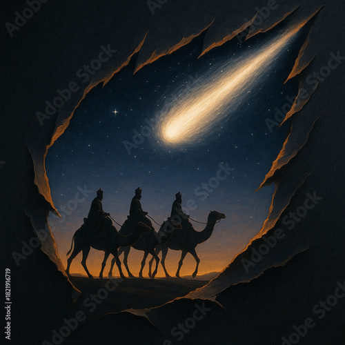 Three Kings caravan comet torn paper jagged tear glowing tail desert Christmas composition