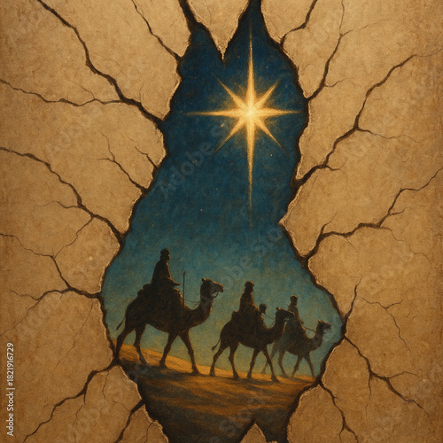 Three Kings caravan cracked torn paper split jagged fracture lines glowing star Christmas illustration