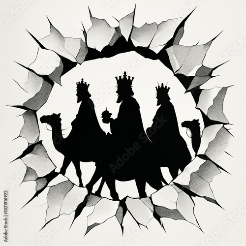 Three Kings silhouettes shattered torn paper opening jagged fragments radiant center high detail vector illustration
