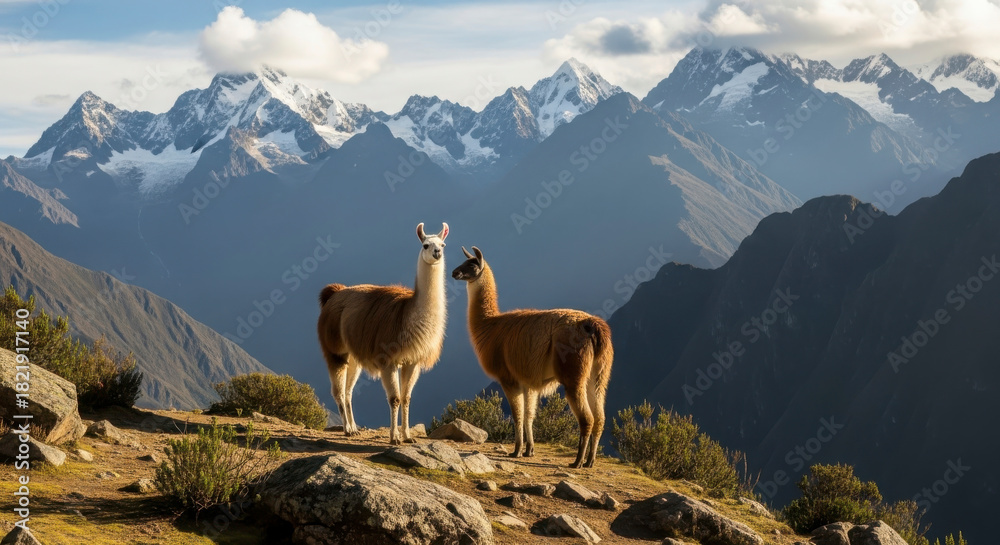 Fototapeta premium Two llamas on a high mountain ridge overlooking snowy peaks
