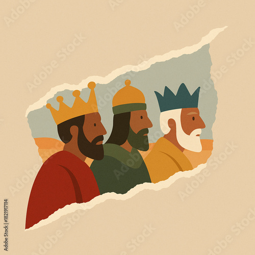 Three Kings wave torn paper silhouettes jagged rip desert horizon flat Christmas illustration
