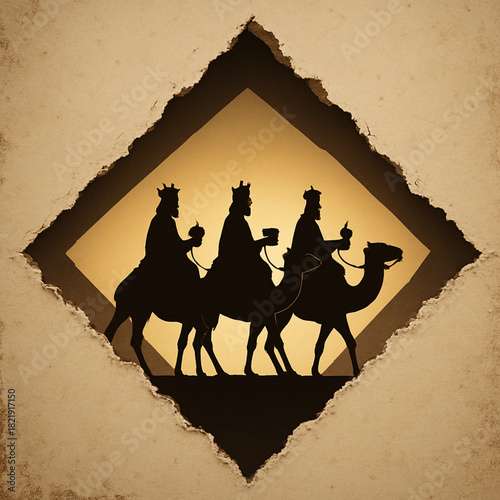 Three Wise Men silhouettes diamond torn paper rugged aperture clean vector Christmas illustration