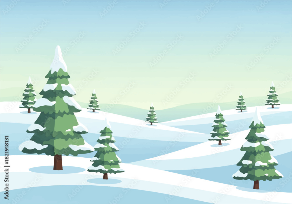 Obraz premium A serene winter landscape illustration with snow-covered hills and scattered evergreen trees topped with snow.