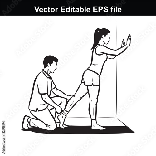 Physical therapist assisting a woman with a leg stretch exercise, demonstrating proper form and support for rehabilitation or fitness, vector illustration
