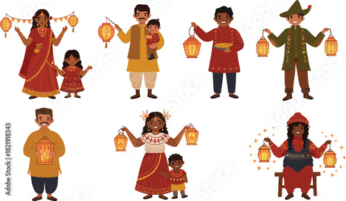 Traditional festive people holding lanterns celebrating cultural holiday lights with diverse outfits, family togetherness, joyful festival decorations and glowing illumination art