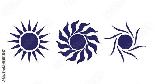 Abstract blue sun symbols vector set with diverse rays: sharp, wavy, and swirling design variations.
