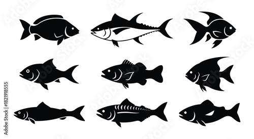 A collection of various stylized fish icons, illustrating different aquatic species in silhouette form