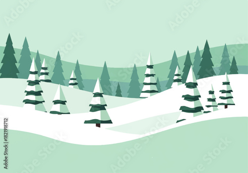Winter landscape illustration featuring snow-covered hills and evergreen trees in shades of green and white.