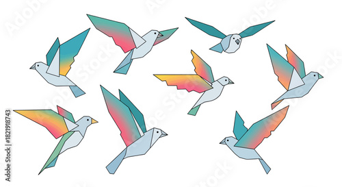 Colorful geometric birds soaring in formation, a modern flock in flight, perfect for inspiring hope and freedom, ideal for design projects and artistic backgrounds