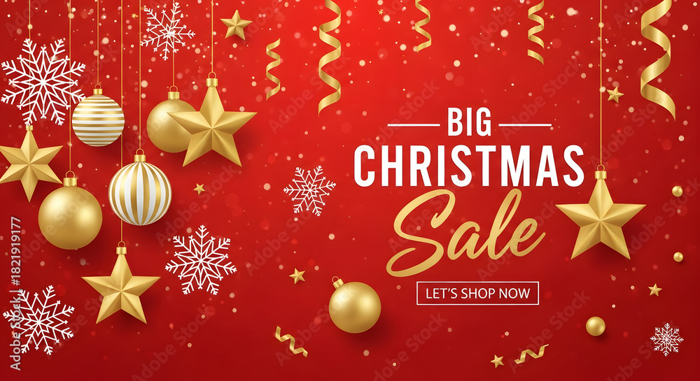 Naklejka premium Big Christmas Sale Banner with Gold Stars Ornaments Snowflakes and Confetti on Red Background Vector Illustration