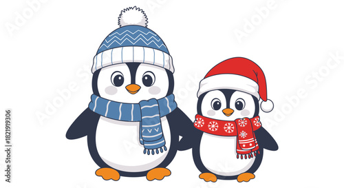 Two cute penguin with a hat and scarf, Christmas EPS