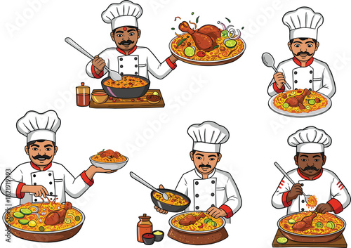Cartoon chefs cooking delicious biryani and serving traditional spicy rice dishes, colorful culinary illustration showing various cooking actions and food preparation scenes