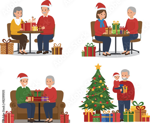 Warm family Christmas celebration with seniors exchanging gifts, holiday decorations, Christmas tree, festive presents, joyful moments, winter holiday illustration