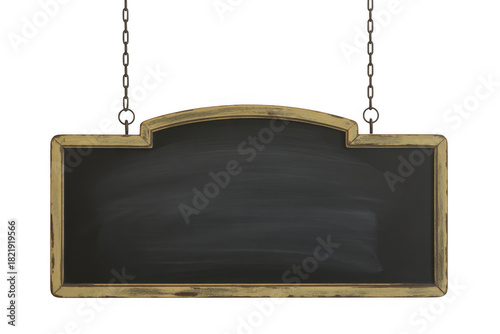 Arched wooden framed blackboard hanging by chains isolated on a transparent background