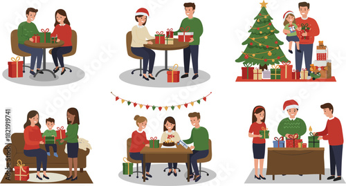 Happy family celebrating Christmas with gifts, holiday decorations, Christmas tree, festive moments, joyful activities, winter celebration, togetherness and joy