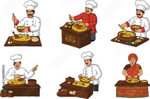 Traditional chefs cooking delicious biryani, preparing authentic Indian cuisine, mixing spices and ingredients, showcasing cultural food preparation scenes, illustration