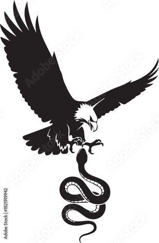 Powerful eagle fiercely grasping a wriggling snake in predatory aerial combat