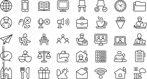 Black and white icons, business symbols, education tools, law elements, communication visuals, technology signs, daily activity graphics, interface design assets