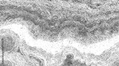 Black and white abstract swirling lines texture with circular patterns and topographic map feel background