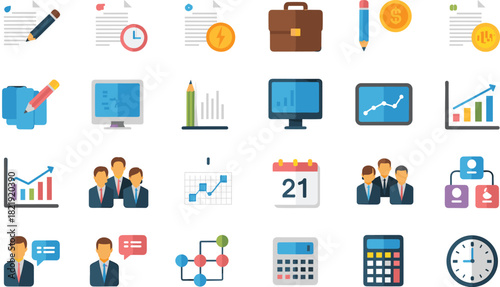 Business icons, office tools, productivity symbols, finance elements, data charts, calendar visuals, teamwork graphics, planning items, corporate visuals