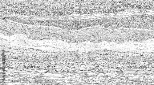 Black and white cross section of geological strata with wavy lines and granular textures geology layers