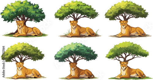“Relaxed lioness resting under shady tree in savanna landscape, wildlife illustration, African animal art, nature scene, peaceful environment”