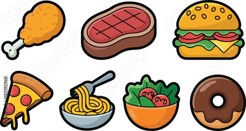 Cartoon food icons, fried chicken, hamburger, pizza slice, spaghetti bowl, salad, donut, grilled steak, stylized illustration