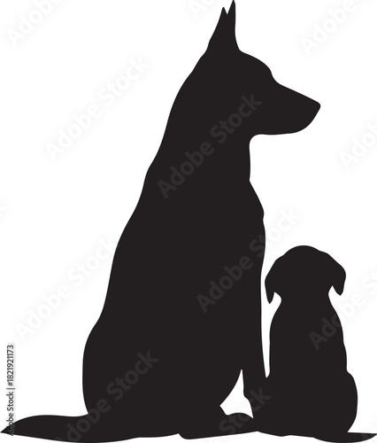 Silhouetted german shepherd dog and puppy sitting together loyal companionship canine family