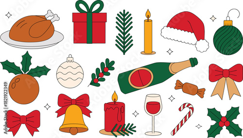 Christmas icons, holiday elements, festive food, Santa hat, gift box, holly berries, ornaments, candlelight, celebration symbols, seasonal decor