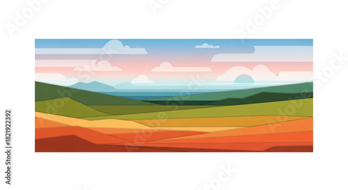 Stunning minimalist landscape art with sunset sky and rolling hills, perfect for website design or modern print, bringing nature's beauty indoors