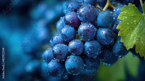 Wallpaper Mural Fresh blue grapes with water droplets and green leaf closeup Torontodigital.ca