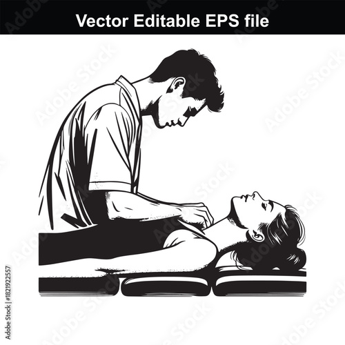 A male physiotherapist performs a neck massage on a female patient lying on a massage table, vector illustration