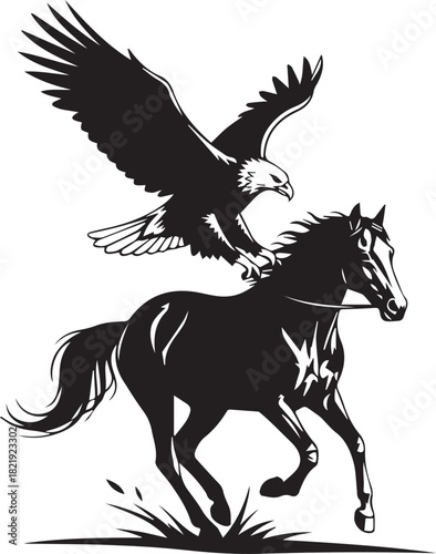 Majestic eagle soaring above powerful horse galloping across open plains silhouette