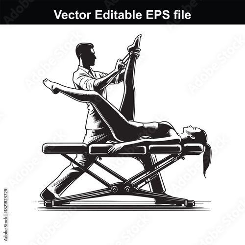 Chiropractor performing stretching exercise on patient lying on massage table, vector illustration