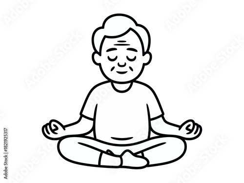 An elderly person sits cross-legged in a meditation pose with eyes closed and a peaceful expression, finding inner calm and mindfulness.