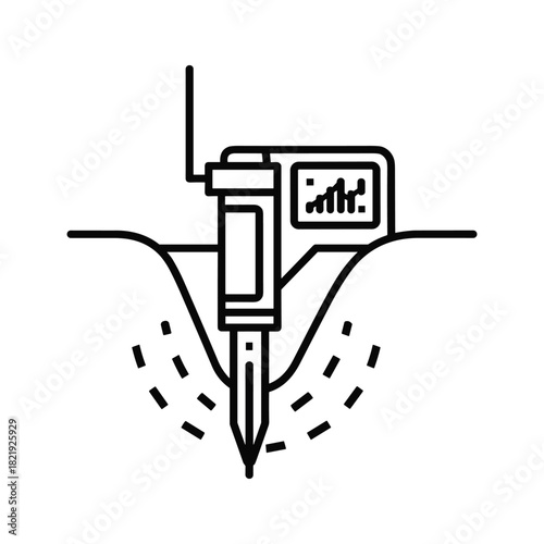 Soil moisture meter probe inserted into ground with signal icon