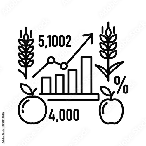 Agriculture business growth chart with fruit and wheat icons isolated on