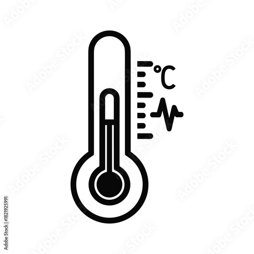 Black and white icon of a thermometer measuring temperature with heartbeat