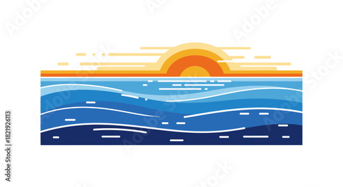 Stunning sunset over the serene ocean, a modern minimalist design evoking peace and tranquility for travel, tourism, or relaxation visuals