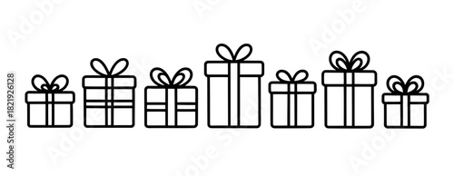A line of simple outline drawings of gift boxes with bows suggests the concept of celebration and presents.