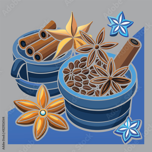 Star anise and cinnamon sticks Christmas spices closeup illustration