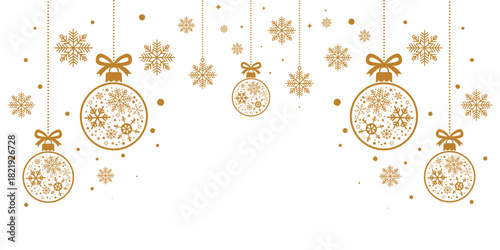 Elegant Christmas border design featuring hanging golden ornaments decorated with snowflakes, along with scattered individual snowflakes. Isolated on a white background, this festive, luxury design of